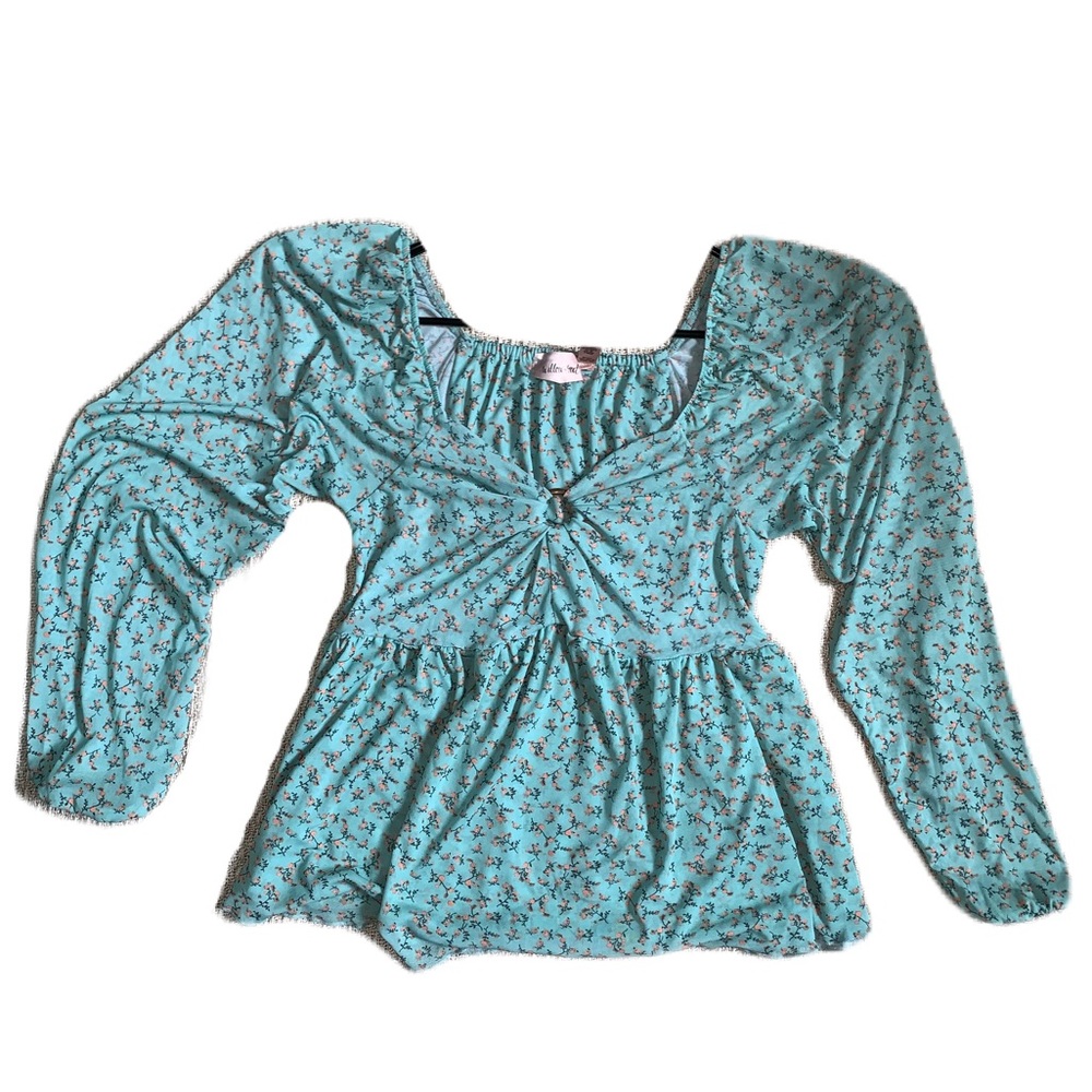 Willow + Root | Floral Blouse Keyhole Rouched Blue